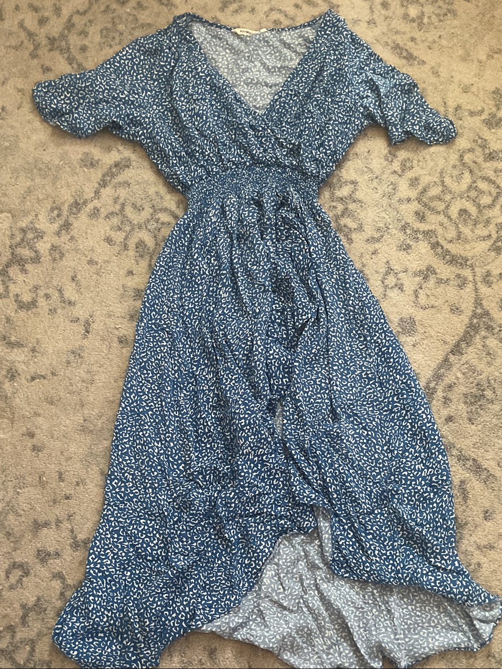 Kormei Short Sleeve V-Neck High-Low Flowy Maxi Dress in a blue-and-white floral.
